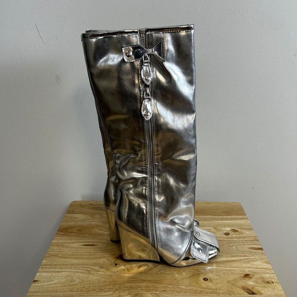 Metallic Silver Knee High Wedge Boots Womens Size 7 Gogo Clubwear Cosplay
